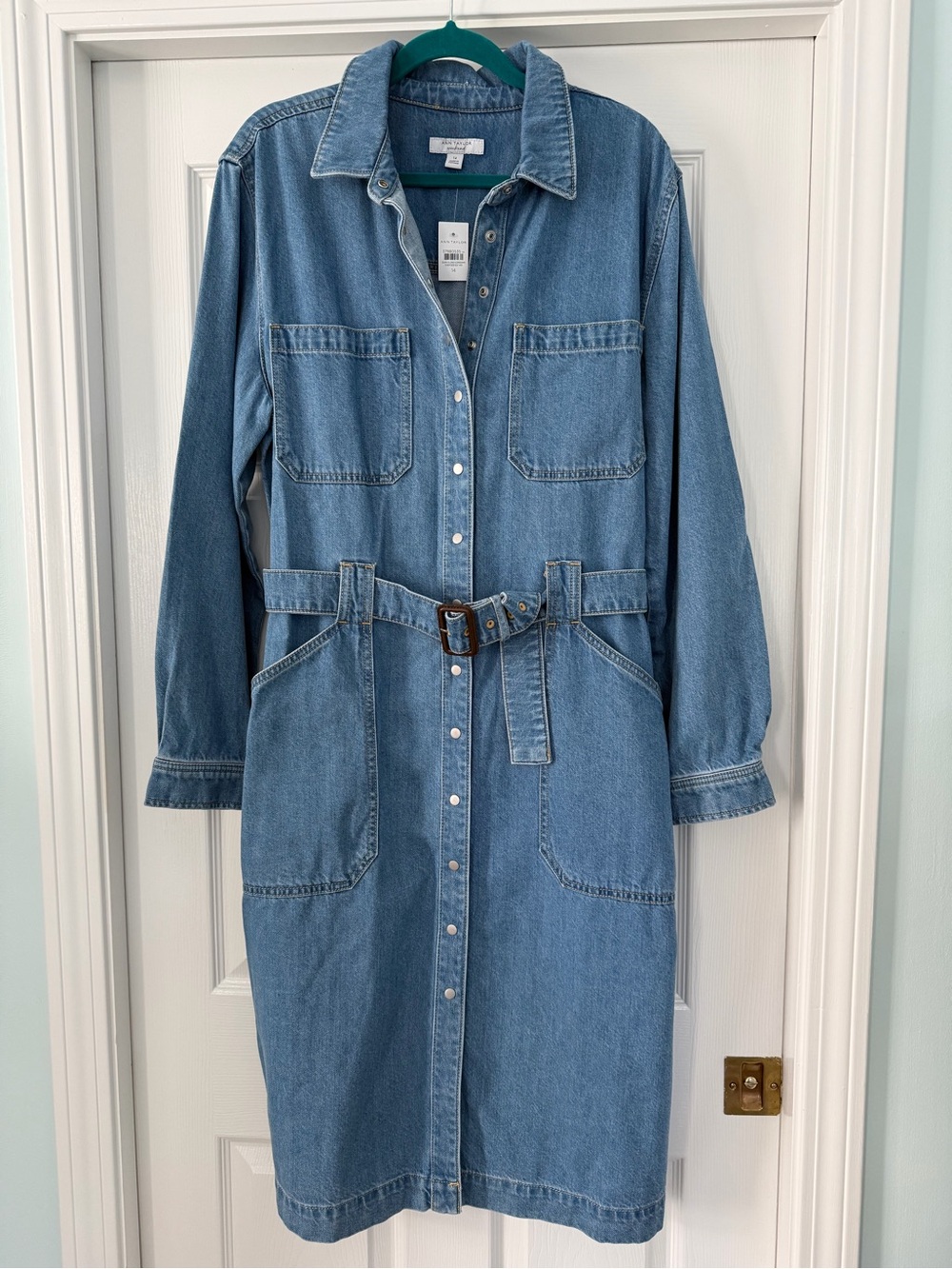 Ann Taylor Classic Blue Denim Shirt Dress with Belt - size 14